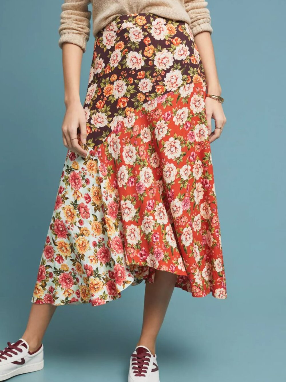 Farm Rio Anthropologie Asymmetrical Floral Patchwork Midi Skirt - Picture 2 of 11